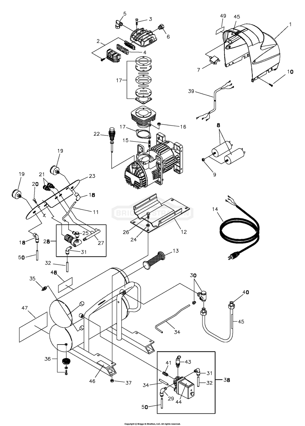 Main Unit Diagram and Parts List for 074001-0  Briggs and Stratton Compressor